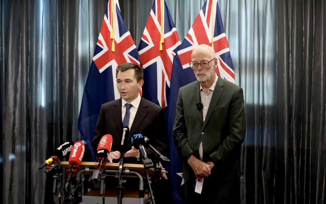 Transport Minister Simeon Brown and Auckland mayor Wayne Brown at a transport announcement in Auckland on 3 December 2024.