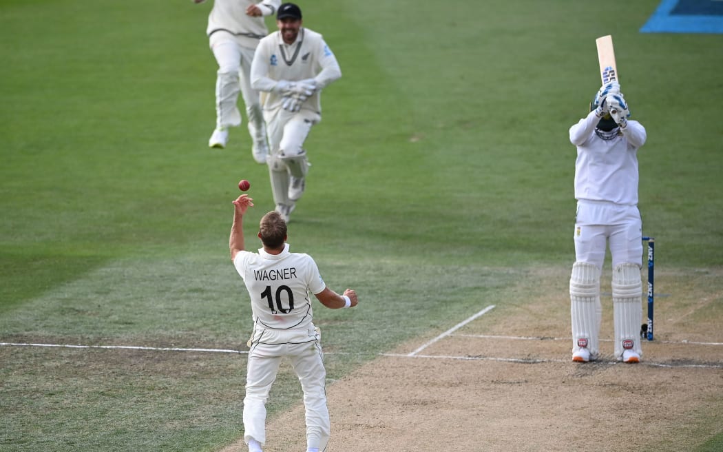 New Zealand bowler Neil Wagner celebrates the wicket of Rassie van der Dussen, Hagley Oval, 2022.