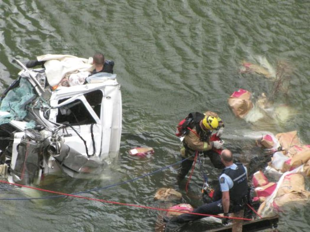 Rescue operation after a truck crashed in the Manawatu Gorge on July 8, 2016.