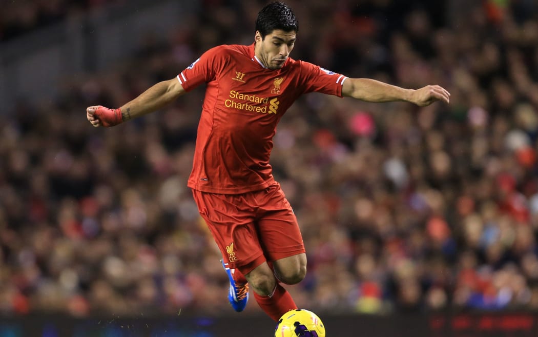 Luis Suarez of Liverpool in action against Aston Villa in their Premier League clash in January.