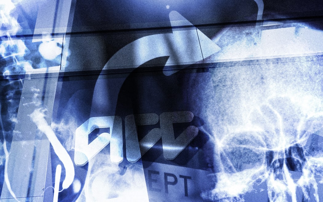 Stylised composite of ACC logo, x-rays, and exit sign.