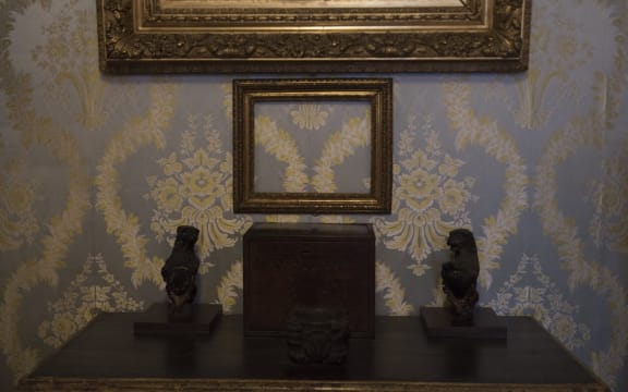 An empty frame at the Isabella Stewart Gardner Museum on 27 December, 2017 in Boston, Massachusetts.