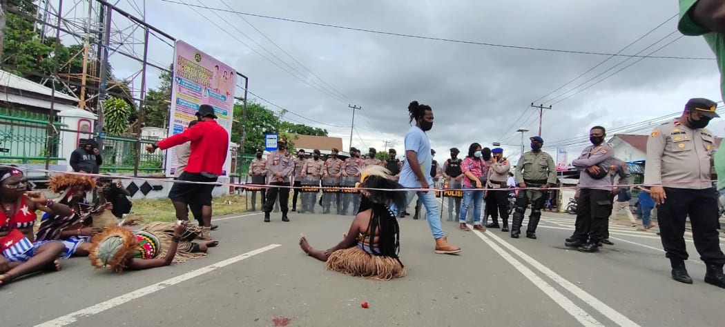 A demonstration by West Papuans against the Indonesian government's plans for Special Autonomy provisions for their region, Manokwari, 15 July 2021