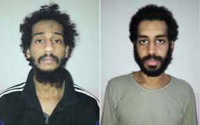 This file photo combination of pictures created from two handout images provided by the Syrian Democratic Forces (SDF) on February 10, 2018 shows captured British Islamic State (IS) fighters El Shafee el-Sheikh, left, and Alexanda Kotey in an undisclosed location.
