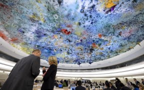 Delegates speaks prior to the opening of a session of the Human Rights Council on the Palestinian territories situation on March 23, 2015 in Geneva. (redownloaded 21/12/18)