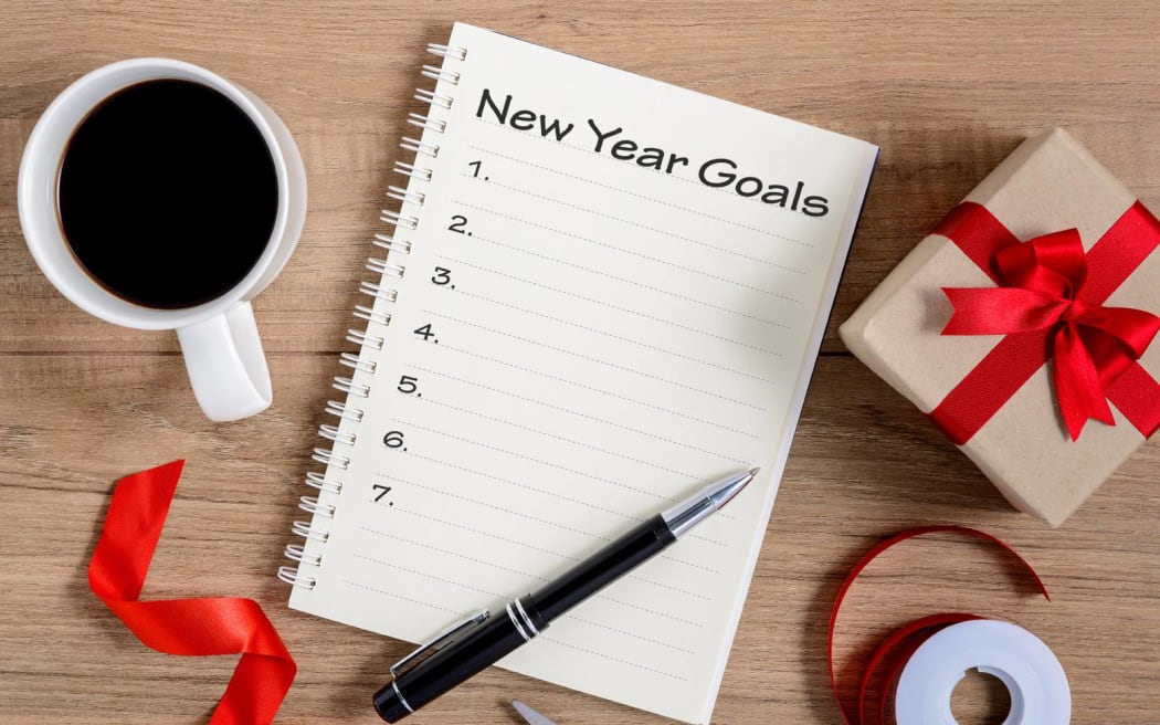 New Year's Goals List written on Notebook with gift box and pen, coffee on wooden background