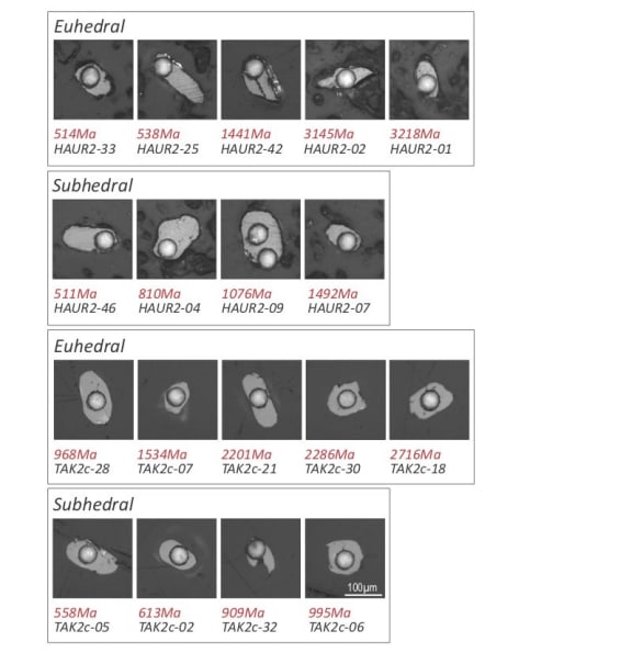 Typical zircon grains with their ages in millions of years ('Ma'). Each grain is about 0.1mm across; the circle in the centre of each is a pit formed by a laser.