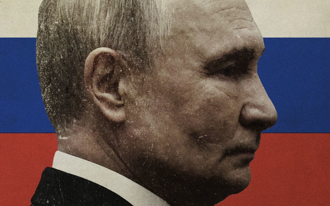 Russia's President Vladimir Putin is shown in a photo illustration against the backdrop of the Russian flag.