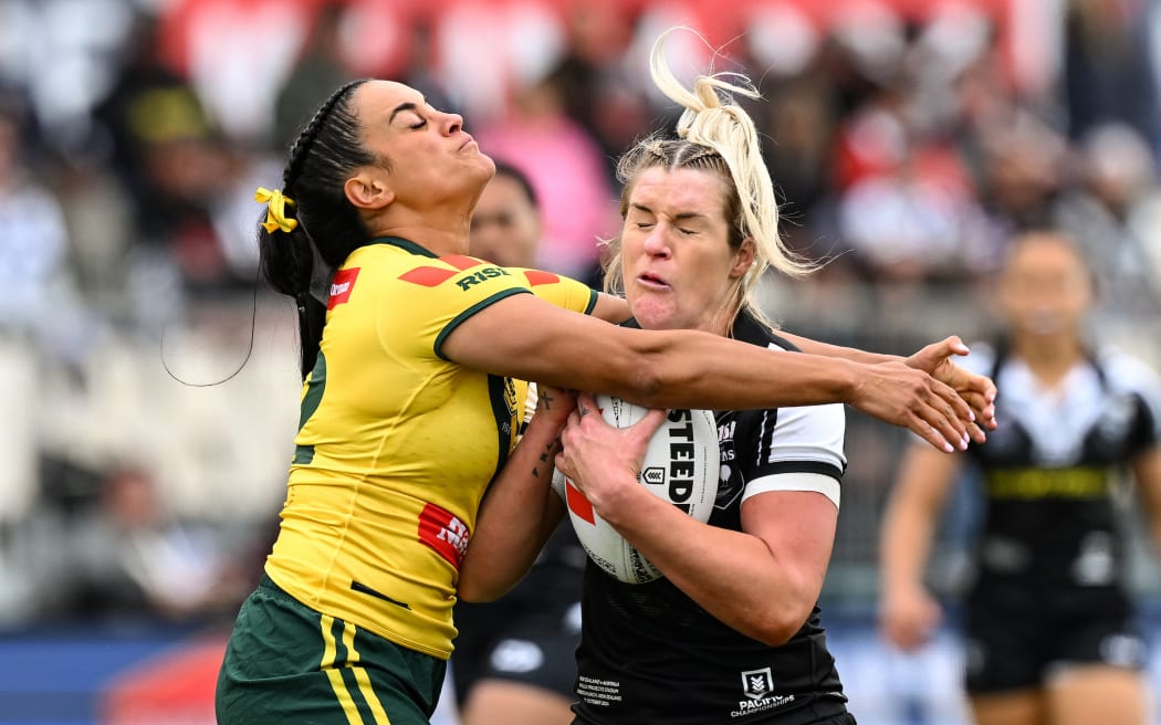 Yasmin Clydsdale of Australia and Brianna Clark of New Zealand.
New Zealand Kiwi Ferns v Australia Jillaroos 2024 Pacific Championships rugby league test match at Apollo Projects Stadium, Christchurch, New Zealand on Sunday 27 October 2024. © Photo: Andrew Cornaga / Photosport