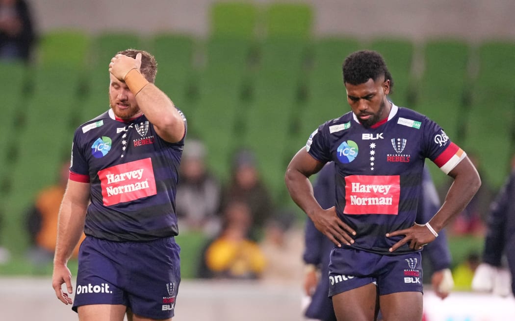 The Rebels react at full time after losing to the Blues, 2021.
