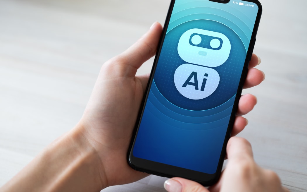 AI Artificial intelligence Deep machine learning concept. Robot icon on mobile phone screen.