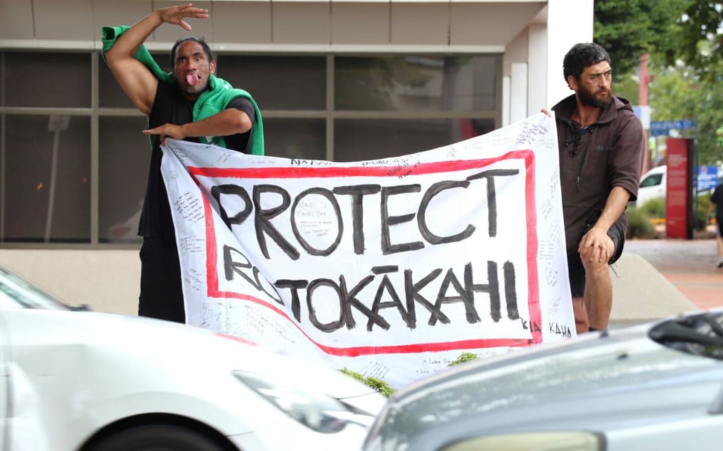 Rotokākahi Board of Control supporters outside the Rotorua courthouse on Monday as the hearing began.