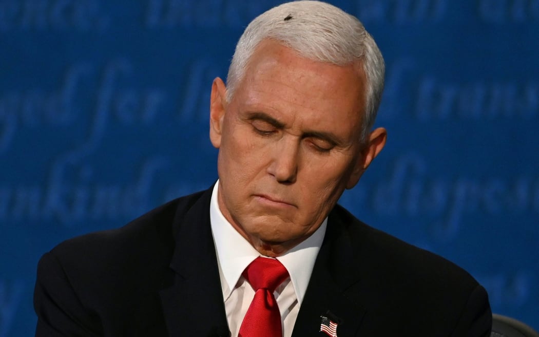 A fly rests on the head of US Vice President Mike Pence as he takes notes during the vice presidential debate against US Democratic vice presidential nominee and Senator from California Kamala Harris in Kingsbury Hall at the University of Utah on October 7, 2020, in Salt Lake City, Utah.