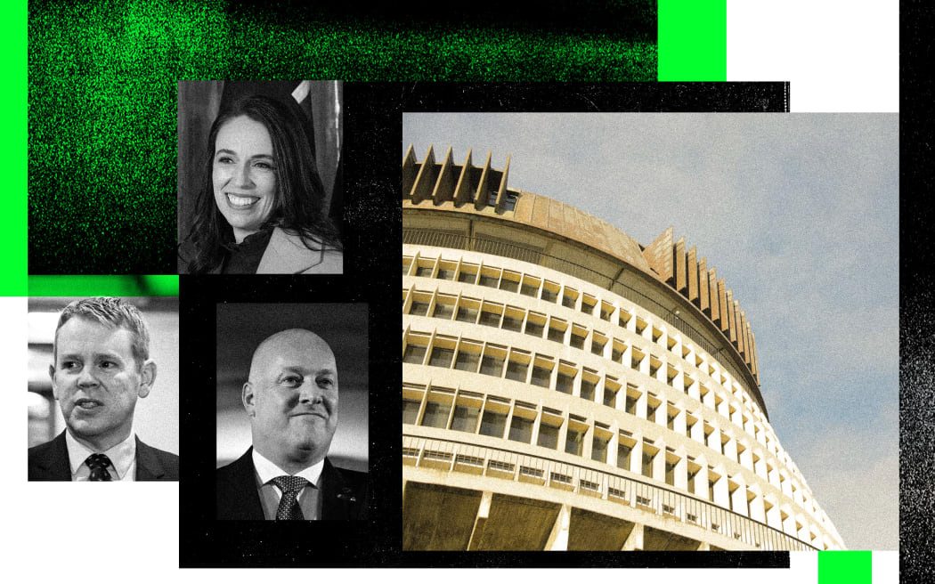 Composite image of Jacinda Ardern, Chris Hipkins and Christopher Luxon with Beehive