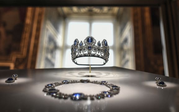 (FILES) This photograph shows the "parure de la reine Marie-Amelie et de la Reine Hortense" (set of jewelry of Queen Marie-Amelie and Queen Hortense) displayed at Apollon's Gallery on January 14, 2020 at the Louvre museum in Paris after the reopening of the Gallery following ten months of renovations.