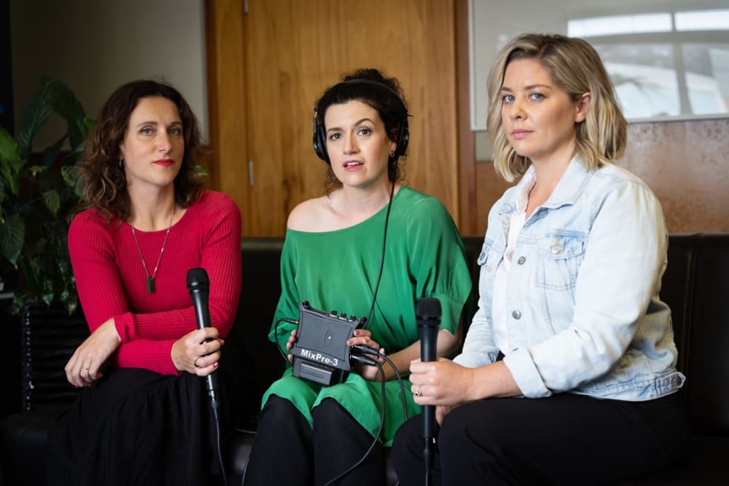'Tell Me About It' podcasters: Stuff journalists Michelle Duff (L) and Kirsty Johnson (R) with producer Noelle McCarthy (Centre)