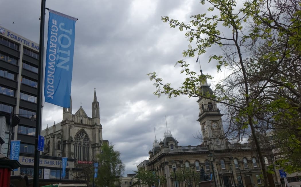 Banners advertising the competition in Dunedin's Octagon.