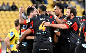 Cortez Ratima of the Chiefs celebrates a try during the Super Rugby Pacific Semi Final - Hurricanes v Chiefs at Sky Stadium, Wellington, New Zealand on 15 June, 2024.