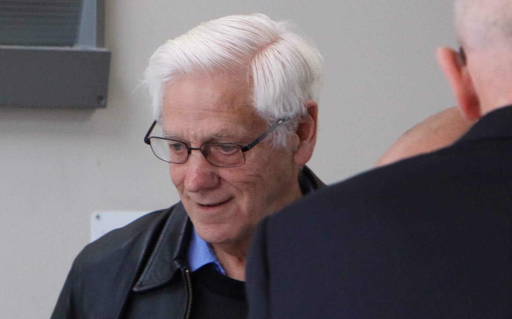 Michael Beaumont (right) with his lawyer. The former Catholic Brother is before the court accused of abusing young girls.