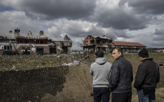 A view of damage after five aimed missile strikes hit Lviv, Ukraine on April 18, 2022.