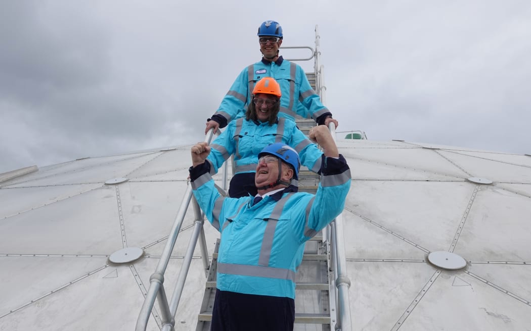 “I’m on top of the world!” Regional Development Minister Shane Jones descends from the top of a 27-metre-high fuel tank.