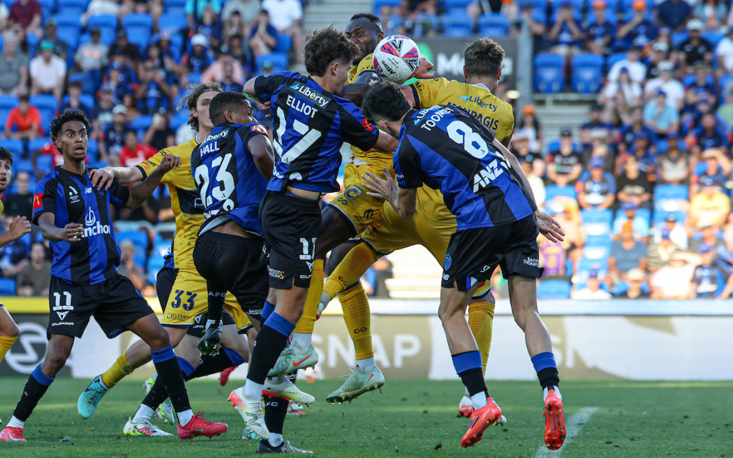 A hint of a hand ball in there. A-League Men, Round 23, Auckland FC v Central Coast Mariners FC, Go Media Stadium, Auckland.