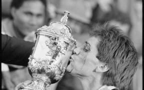 All Black captain David Kirk with the Webb Ellis Cup at Eden Park 22 June 1987