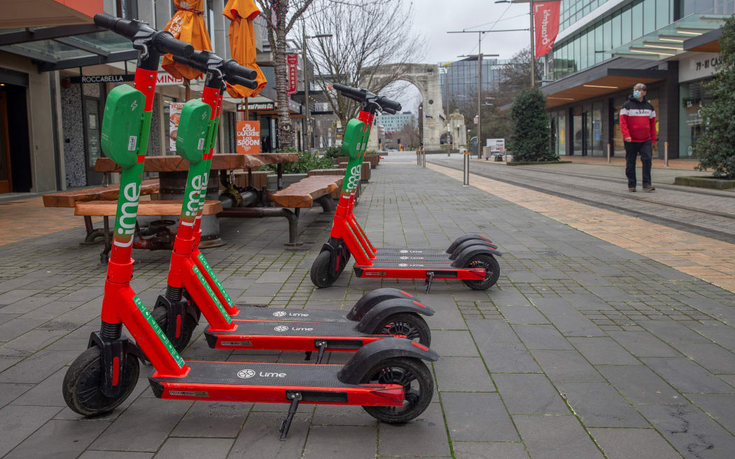 Parked electric scooters in deserted path, are seen in Christchurch, New Zealand, on August 27, 2021. New Zealand Prime Minister Jacinda Ardern has confirmed Auckland will remain in alert Level 4 lockdown until 31st August 2021 as the country battles with the latest COVID-19 outbreak.