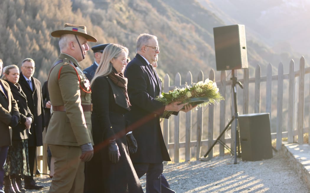 Australian Prime Minister Anthony Albanese laying a wreath at the Arrowtown War Memorial Park.