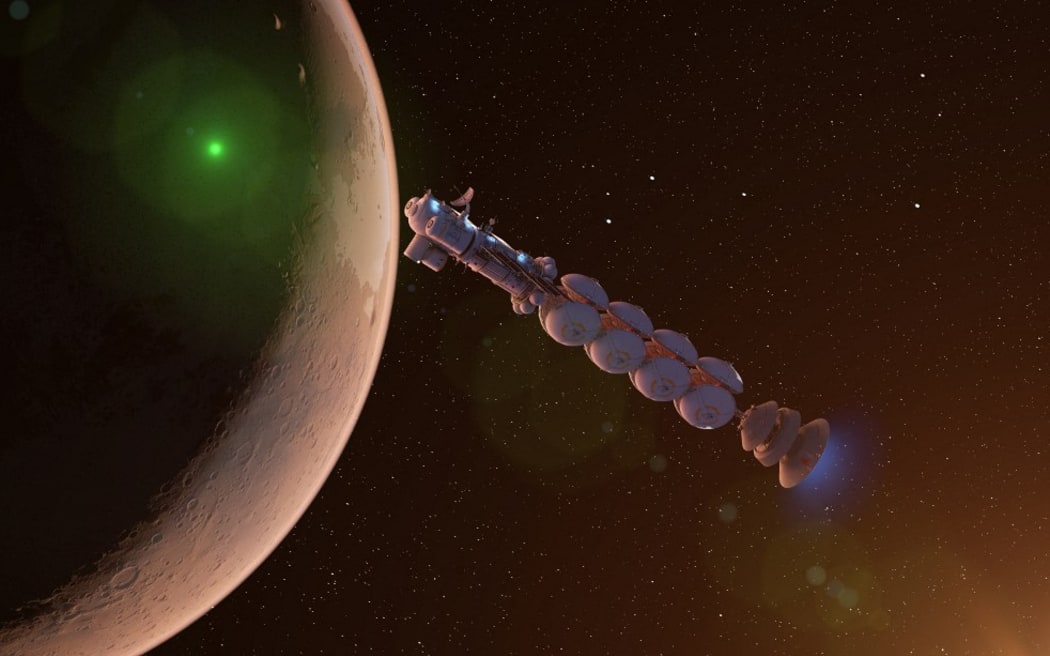 Spaceship traveling to Mars, computer illustration. (Photo by SEBASTIAN KAULITZKI/SCIENCE PHOT / SKX / Science Photo Library via AFP)