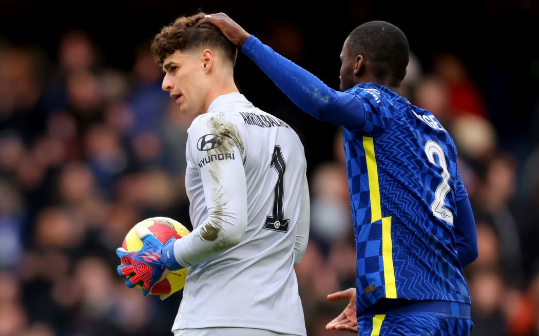Kepa Arrizabalaga and Antontio Rudiger of Chelsea.