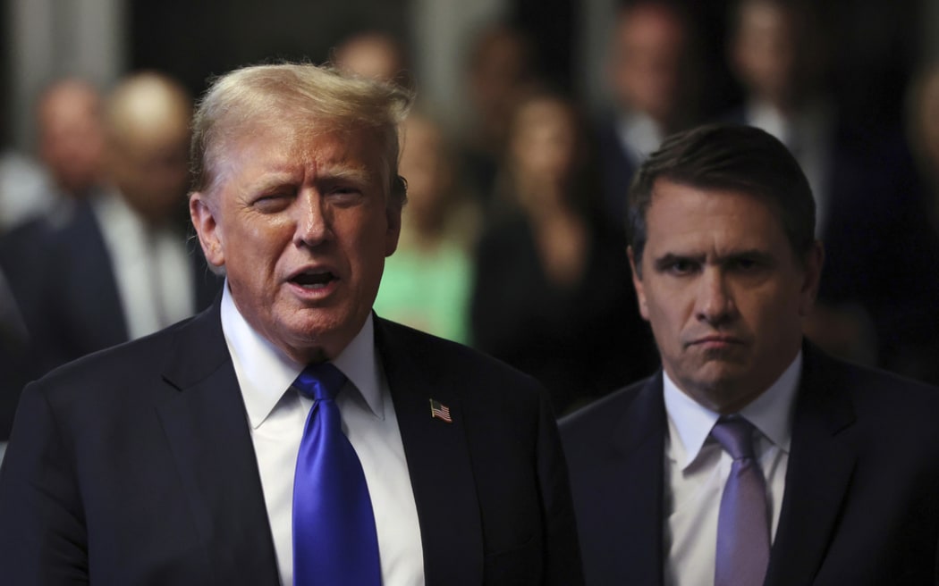 Former President Donald Trump speaks to the media alongside his attorney Todd Blanche after the conclusion of his hush money trial in New York, Thursday, May 30, 2024. (Michael M. Santiago/Pool Photo via AP)