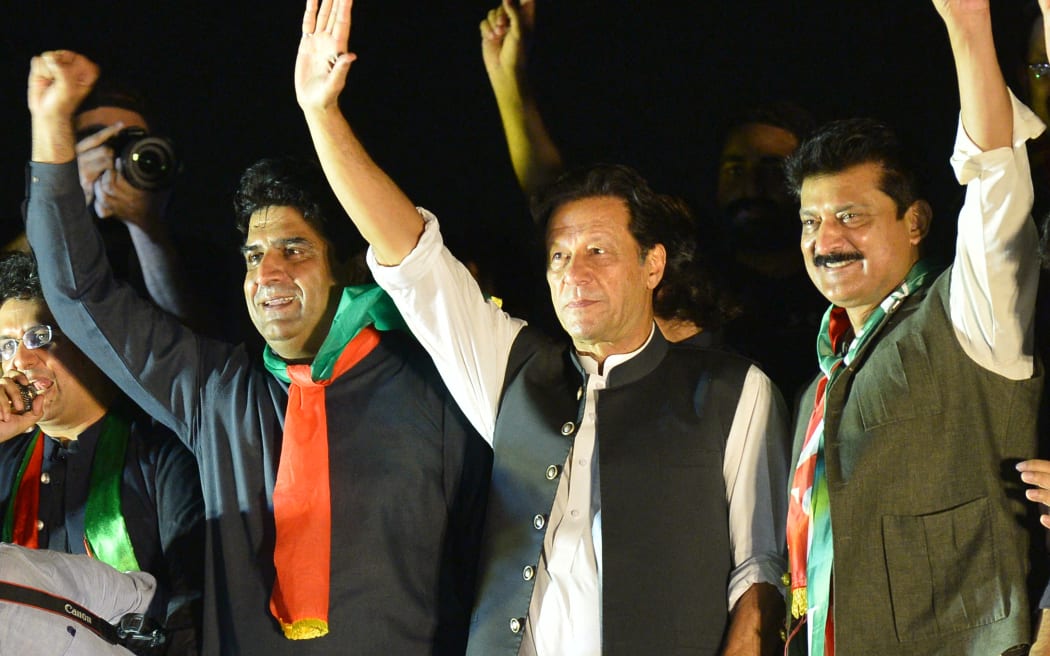 Pakistan's former Prime Minister and leader of the Pakistan Tehreek-e-Insaf party (PTI) Imran Khan, speaks during an anti-government protest rally in Islamabad on 20 August, 2022.