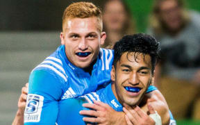 Rieko Ioane celebrates with Ihaia West after scoring a try. 2017.
