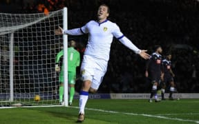 Chris Wood celebrates after scoring for Leeds against Derby