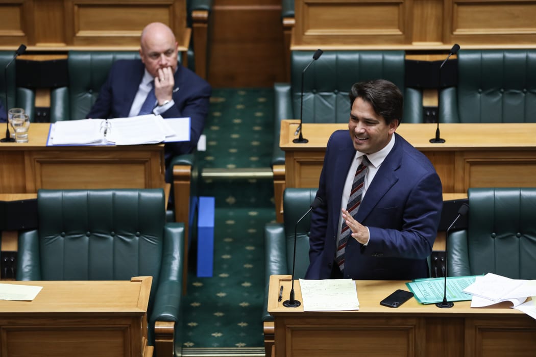 Simon Bridges in the House, watched by Christopher Luxon