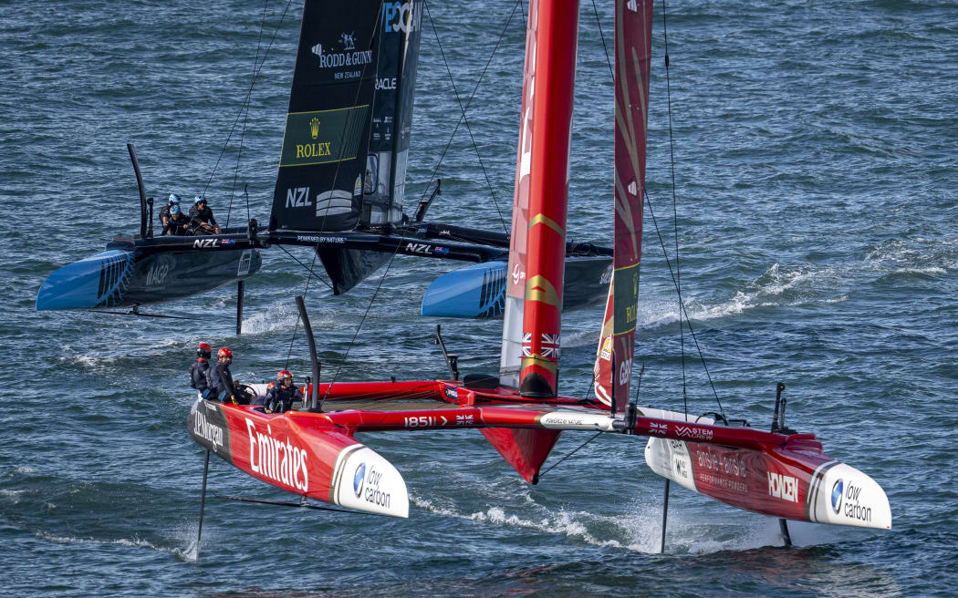 Great Britain cross the line ahead of New Zealand's Black Foils in the final race at the SailGP Spain Grand Prix in Cadiz, Spain. 5 October 2025. Photo: Andrew Baker for SailGP.
