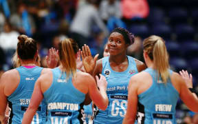 Jhaniele Fowler-Reid of the Steel high fives with the team.