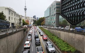 Cars stuck in gridlock traffic during heavy rain in Auckland on 9 May, 2023.