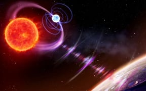 An artist's impression shows a red dwarf (left) and a white dwarf (center) closely orbiting each other. Astronomers believe the tight orbit causes the stars' magnetic fields to interact, releasing radio pulses every two hours.
