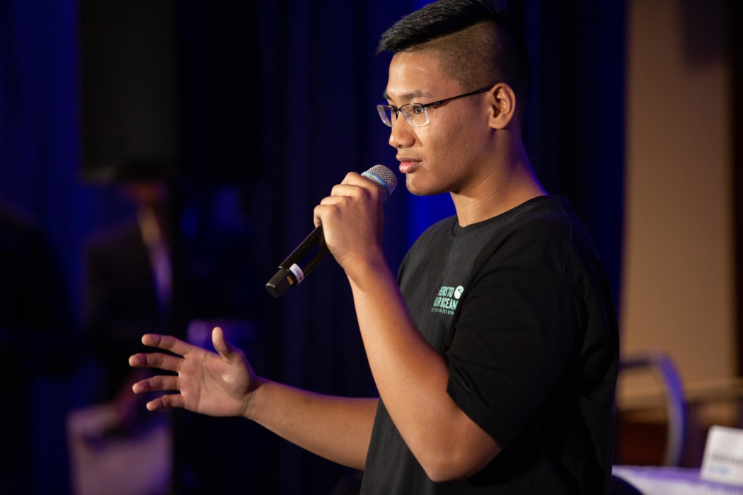 At UNICEF House in New York, Carlos Manuel, 17, from Palau, speaks at a press conference announcing a collective action being taken on behalf of young people everywhere facing the impacts of the climate crisis.