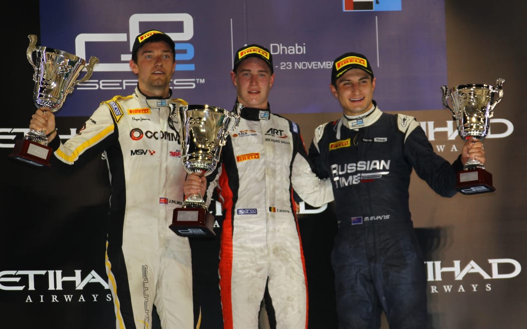 Mitch Evans (right) celebrates his 3rd place podium at the final round of the 2014 GP2 series at Yas Marina, Abu Dhabi. 22 November 2014.