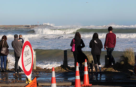 The waves closed the road between the eastern end of Lyall Bay to Moa Point Road.