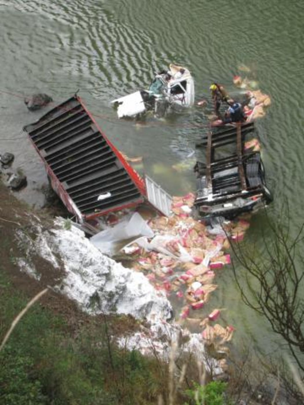 Rescue operation after a truck crashed in the Manawatu Gorge on July 8, 2016.