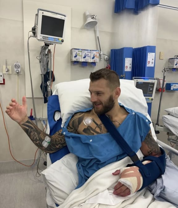 New Zealand fighter Dan Hooker after surgery on his hand, 2025.