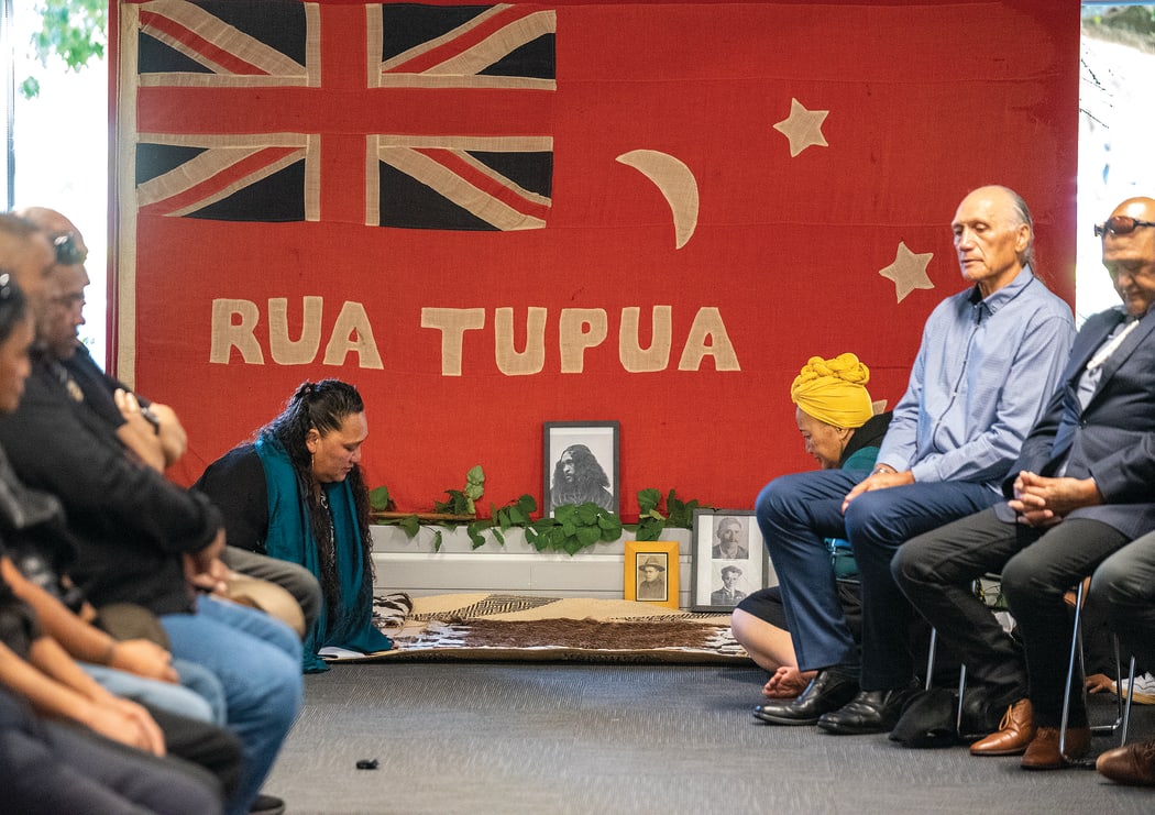 Pinepine’s great-granddaughter Toni Boynton (centre left) sits alongside her kuia’s kākahu and other taonga which will be exhibited at a Rua Kēnana symposium this weekend.