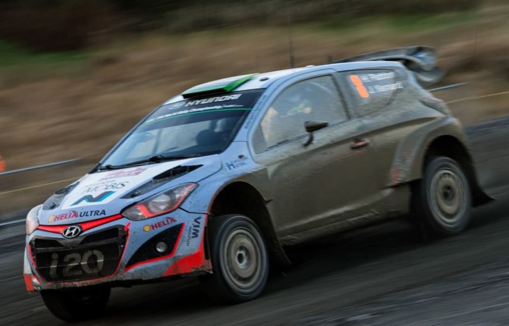 Hayden Paddon races during the first stage of the Rally of Wales, 2015.