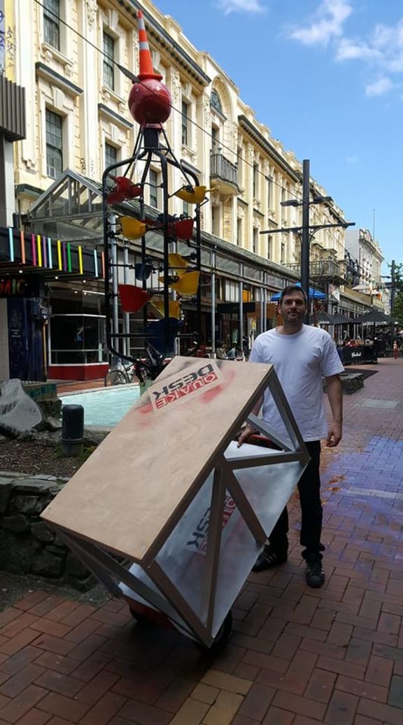 Nick Maarhuis with his quake proof desk