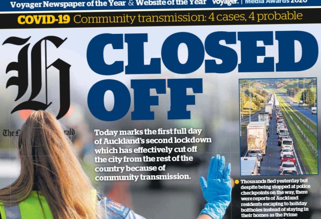 The New Zealand Herald's front page reports the first full day back under Level 3 lockdown.