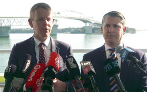 Prime Minister Chris Hipkins and Minister for Auckland and Transport Michael Wood at the announcement for a new Auckland harbour crossing.